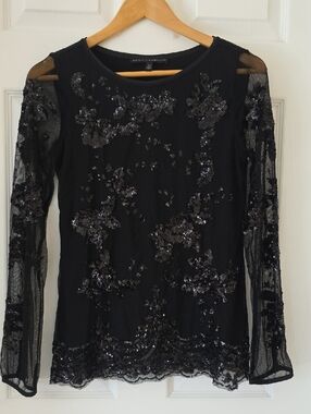 White House Black Market Black Sequin Sheer Trim Top Size XS